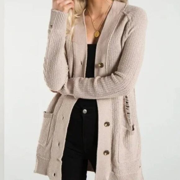 n:Philanthropy Distressed Knit Cardigan Sweater Button Front Neutral XS SMALL - Picture 1 of 5